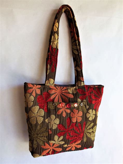 Fabric Purse Handmade Brown Tote Bag With Shoulder Straps Made From