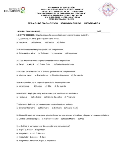 Examen Diagnostico Informatica Segundo Pdf Periférico Hardware De