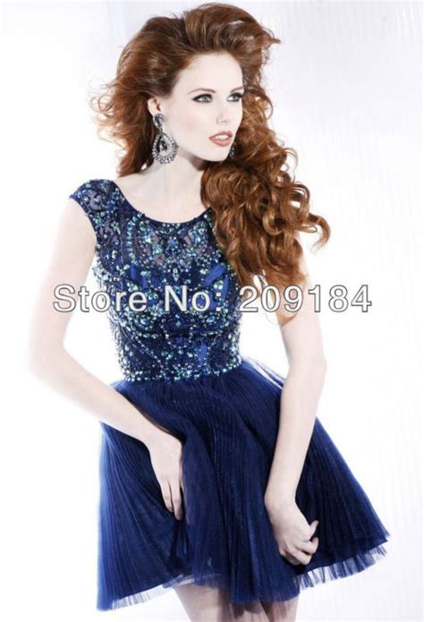 Custom Sexy Cystal Shiny Organza Cap Sleeve Royal Blue Short Prom
