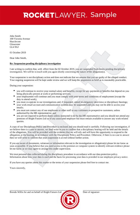 You are welcome to bring a support person with you, but we remind you this meeting is for you to respond to the allegations personally and present any information you would like taken into account. Suspension Letter Pending Investigation UK Template