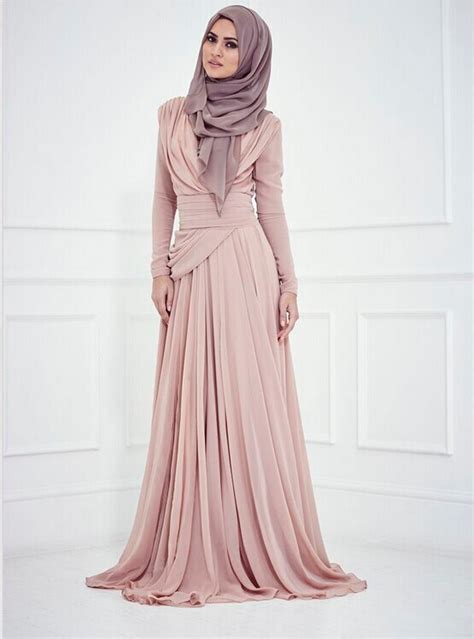 2015 pink long sleeve evening dress muslim women dress with hijab pleat arabic muslim evening