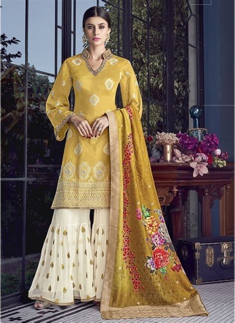 Dark Yelow Lakhnavi Embroidery On Silk With Inner Salwar Suit Indian Couture