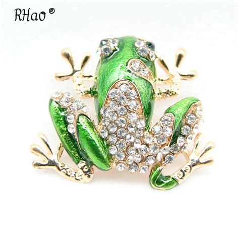 Rhao Enamel Green Frog Brooch Pin Rhinestone Animal Pin Cute Brooches