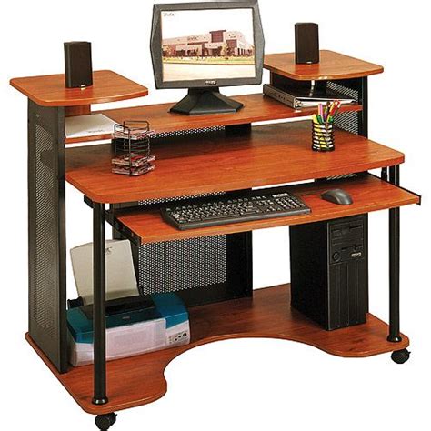 Bottom shelf is 16.5″h from main surface and 13.25″h from floor Studio RTA Wood Computer Desk in Black and Cherry ...