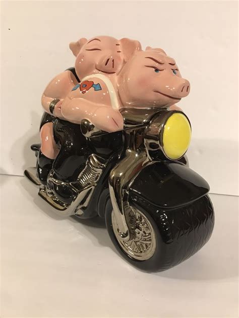 Huge Biker Hogs 1999 Clay Art Cookie Jar Ceramic Pigs On Motorcycle For