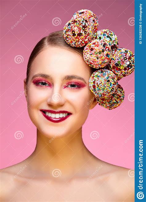 Beautiful Girl With Candies On Pink Backgroound Stock Photo Image Of
