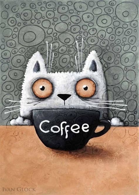 Coffee Cat Cat Drawing Cute Cat Coffeine Cat 50x70cm Etsy