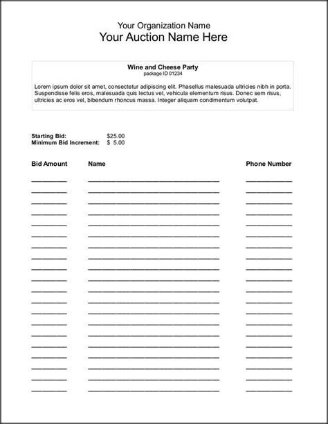 Silent Auction Bid Sheets Printable Customize And Print