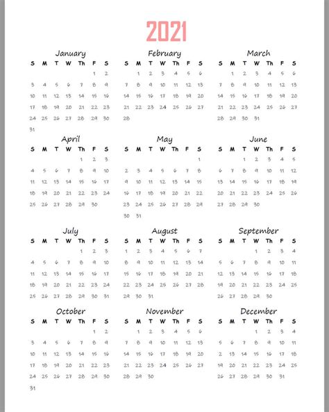 2021 2022 Yearly Calendar At A Glance Printable Planner Etsy