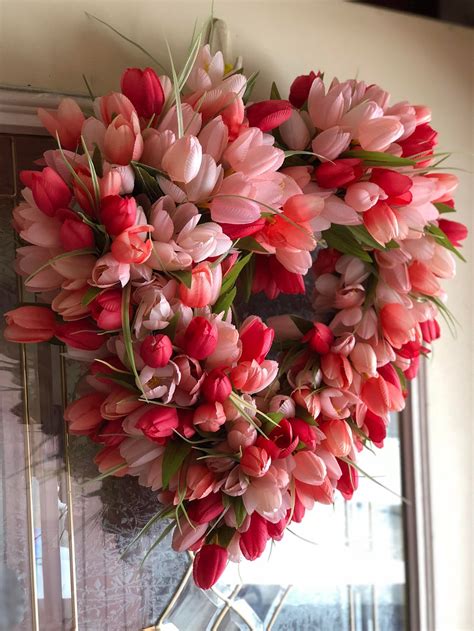Beautiful Pink Heart Shaped Tulip Wreath Front Door Wreath Spring
