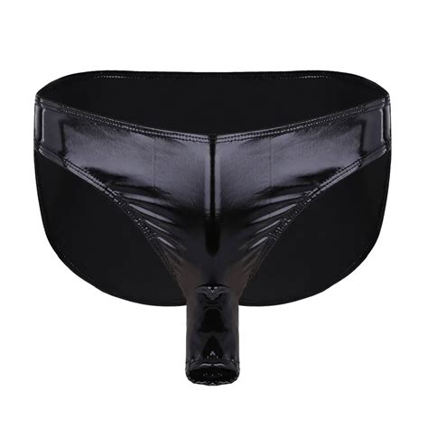 men wet look patent leather briefs with open penis sheath pouch bikini underwear sexy black