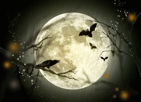Spooky Halloween Illustration of Bats and Crow under the full moon ...