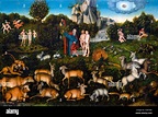 Lucas Cranach, El Jardín del Edén, Adán y Eva, pintura, 1530 Fotografía ...