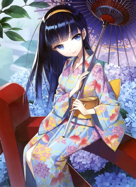 ANIME ART Anime Kimono Obi Parasol Flowers Cute Kawaii Anime Flower