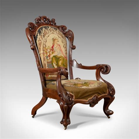 The antique oak armchair has a decorative carved back with shaped open arms. Antique Armchair, 19th Century, Victorian, Walnut ...