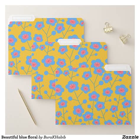 Beautiful Blue Floral File Folder Office Supply Organization Paper