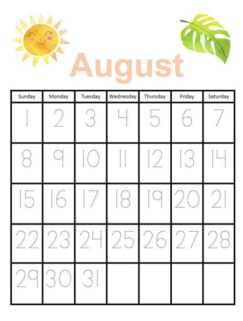 August 2021 Traceable Calendar Only Etsy Kids Calendar August