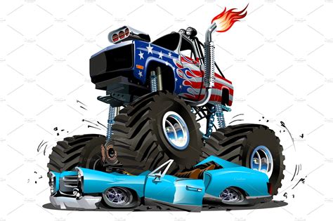 vector cartoon monster truck transportation illustrations ~ creative market