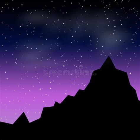 Vector Beautiful Night Landscape With Stars And Silhouette Mountain