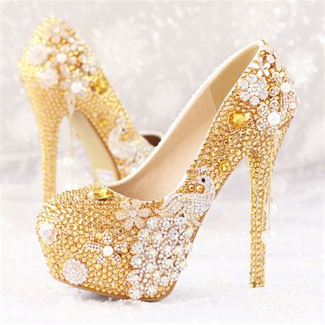 Glitter Gold Rhinestone Wedding Shoes 5 Inches High Heel Party Pumps