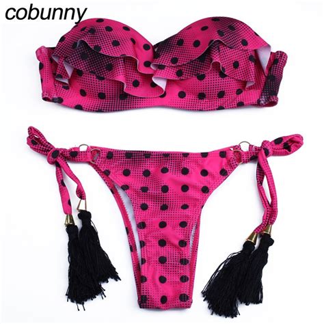 Cobunny Women Dot Print Swimwear Push Up Bikini Tassel Swimsuit Halter Strappy Swimming Suits