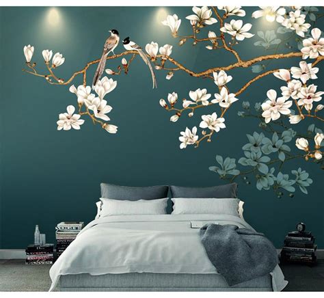 Hand Painting Hanging Branch Tree Flowers And Birds Wallpaper Wall