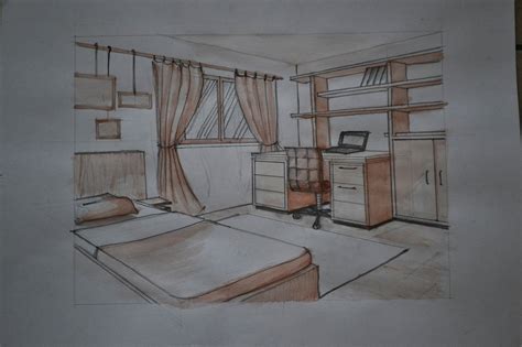 1112911736 Interior Two Point Perspective Of A Simple Bedroom Design