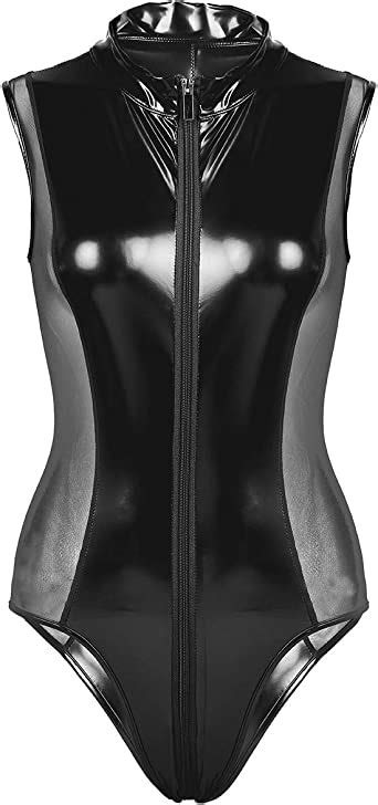 Nimiya Women S Shiny Metallic Pvc Leather Mesh Patchwork Leotard High Cut Thong Bodysuit