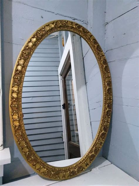 Large Oval Mirror Midcentury Wall Mirror Framed Brass Color Bathroom Mirror Bedroom Mirror
