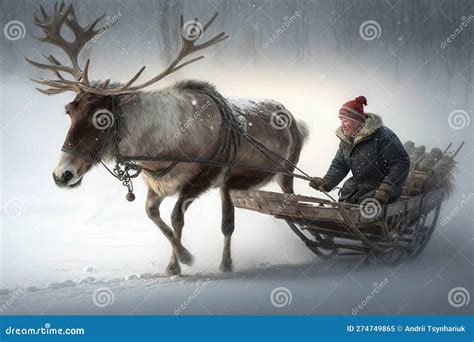 A Man Harnessed A Deer To A Sleigh And Rides Across The Field In A