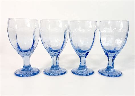 4 Vintage Blue Chivalry By Libbey Goblets Water Glasses Panels Textured