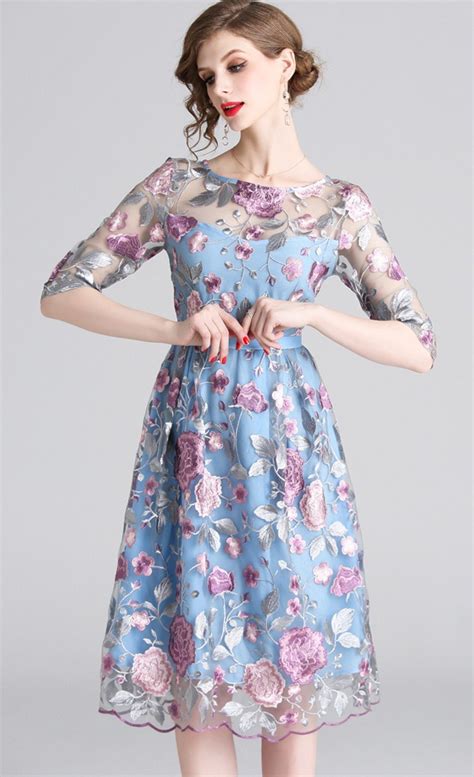 Women Elegant Flower Floral A Line Swing Dress Mesh Embroidery Ozzy