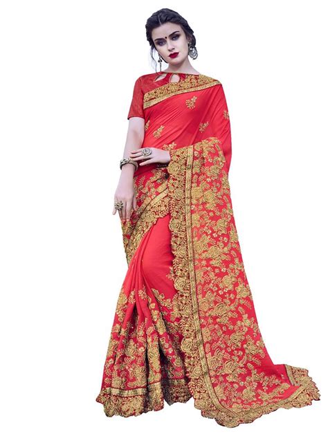 Red Embroidered Silk Saree With Blouse Monjolika 2365677