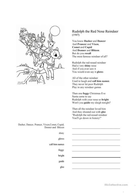 Rudolph The Red Nosed Reindeer Song Lyrics Worksheet Free Esl Free