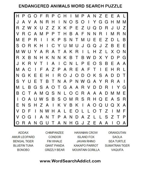 Endangered Animals Printable Word Search Puzzle Word
