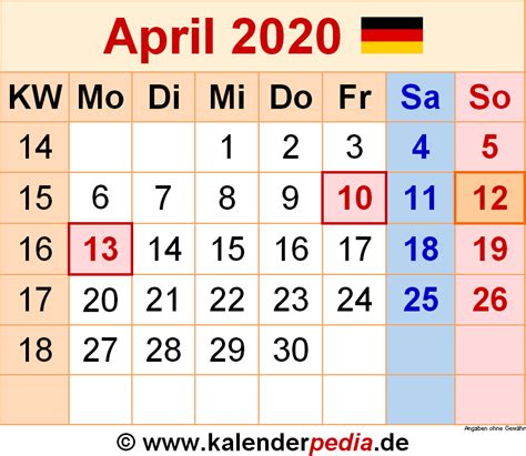 Kalender April 2020 Als Pdf Vorlagen