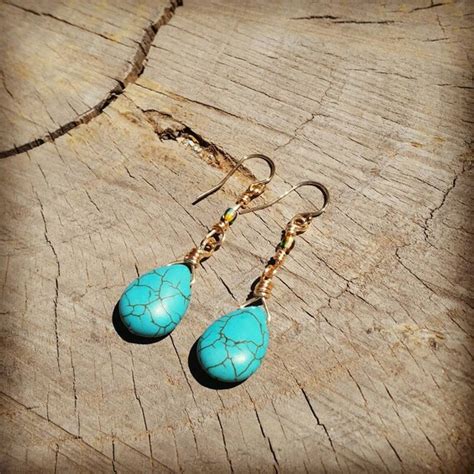 Tear Drop Turquoise Gemstone Earrings On Gold Silver Plated Etsy