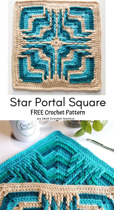 The Star Portal Square Crochet Pattern Is Shown In Blue And Beige As