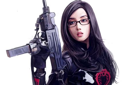 Asian Weapon Face Machine Gun Profile Women Dark Hair Girls With