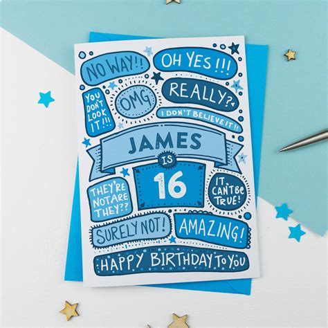 16th Omg Birthday Personalised Illustrated Card Blue By A Is For Alphabet