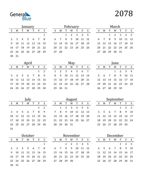 2078 Calendar Pdf Word Excel