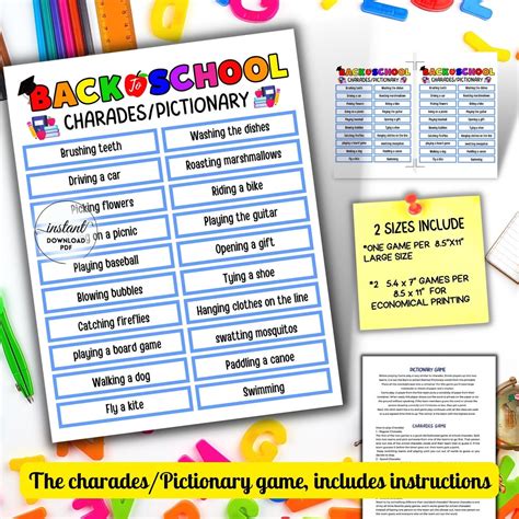 Back To School Charades Pictionary Game Printable Back To Etsy