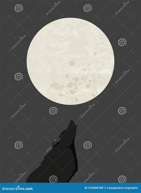 Silhouette Of Wolf Howling At Full Moon On Dark Night Background Stock