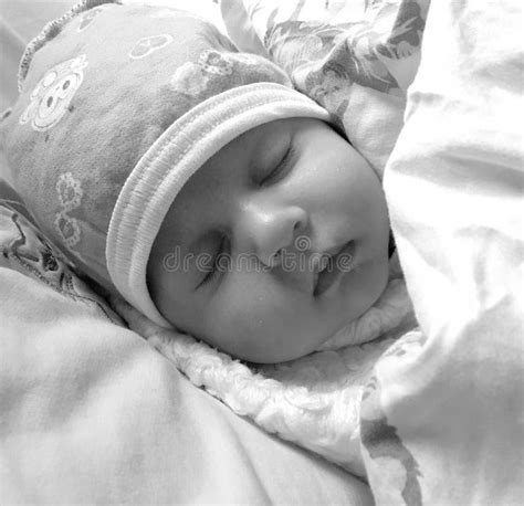 Beautiful Sleeping Baby Boy With Child Hat Posing Photographer Stock