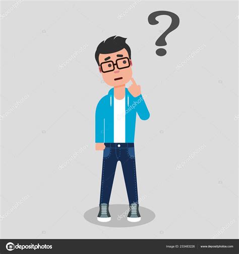 Young Man Standing Question Mark Finger His Chin Thinking Making Stock