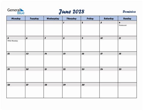 June 2028 Monthly Calendar Template With Holidays For Dominica