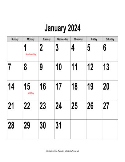 Free 2024 Large Number Calendar Landscape With Holidays