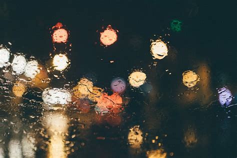 Street Lights Wet Glass Assorted Color Lights Raining Rain Drops