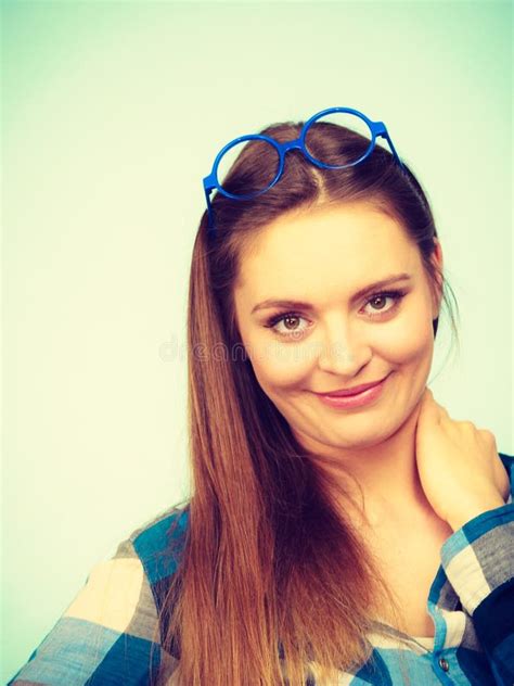 attractive nerdy woman in weird glasses on head stock image image of round teenager 102248443