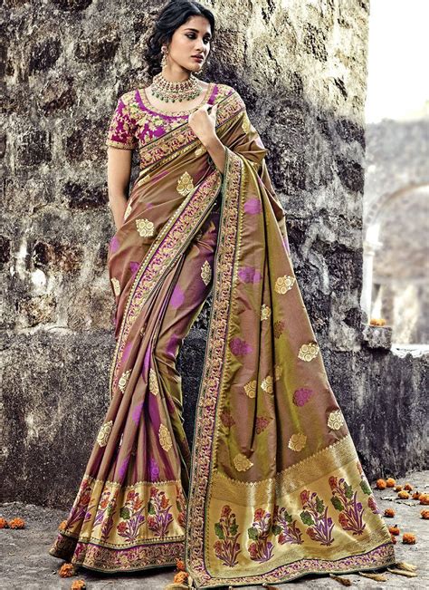 Buy Brown And Purple Pure Banarasi Silk Wedding Wear Saree In Uk Usa